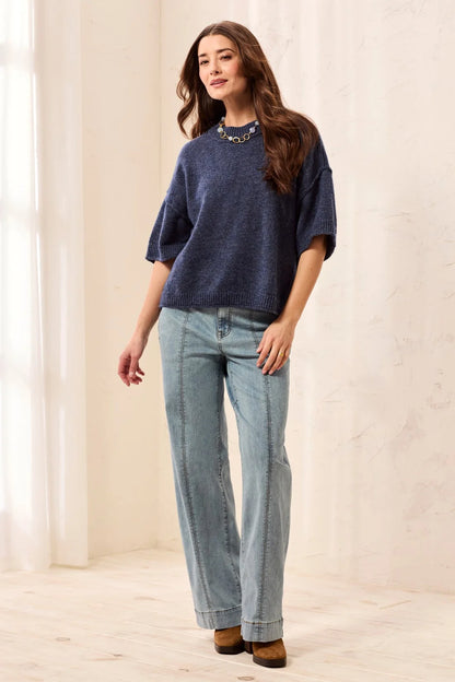 Lightweight Drop Shoulder Crew Neck Elbow Sleeve Sweater