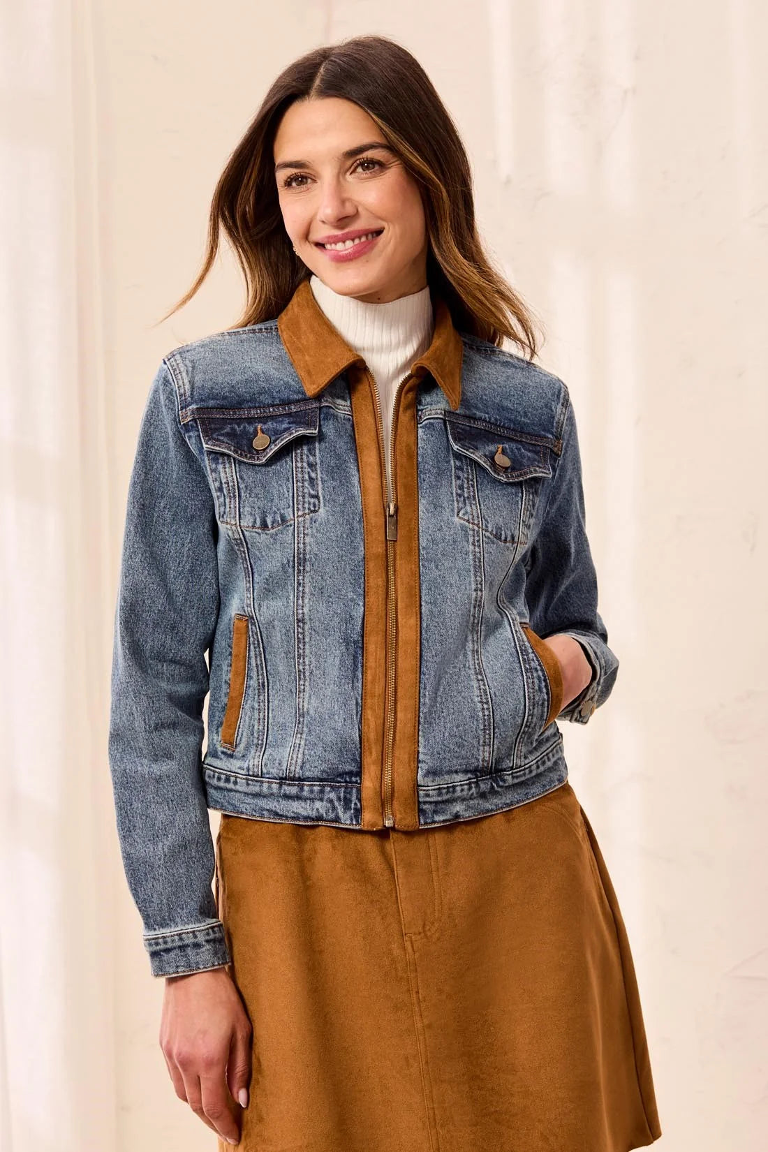 Mixed Media Zip Front Denim Jacket with Suede Trim