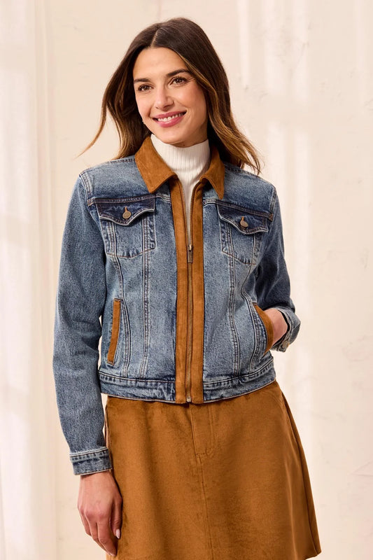 Mixed Media Zip Front Denim Jacket with Suede Trim