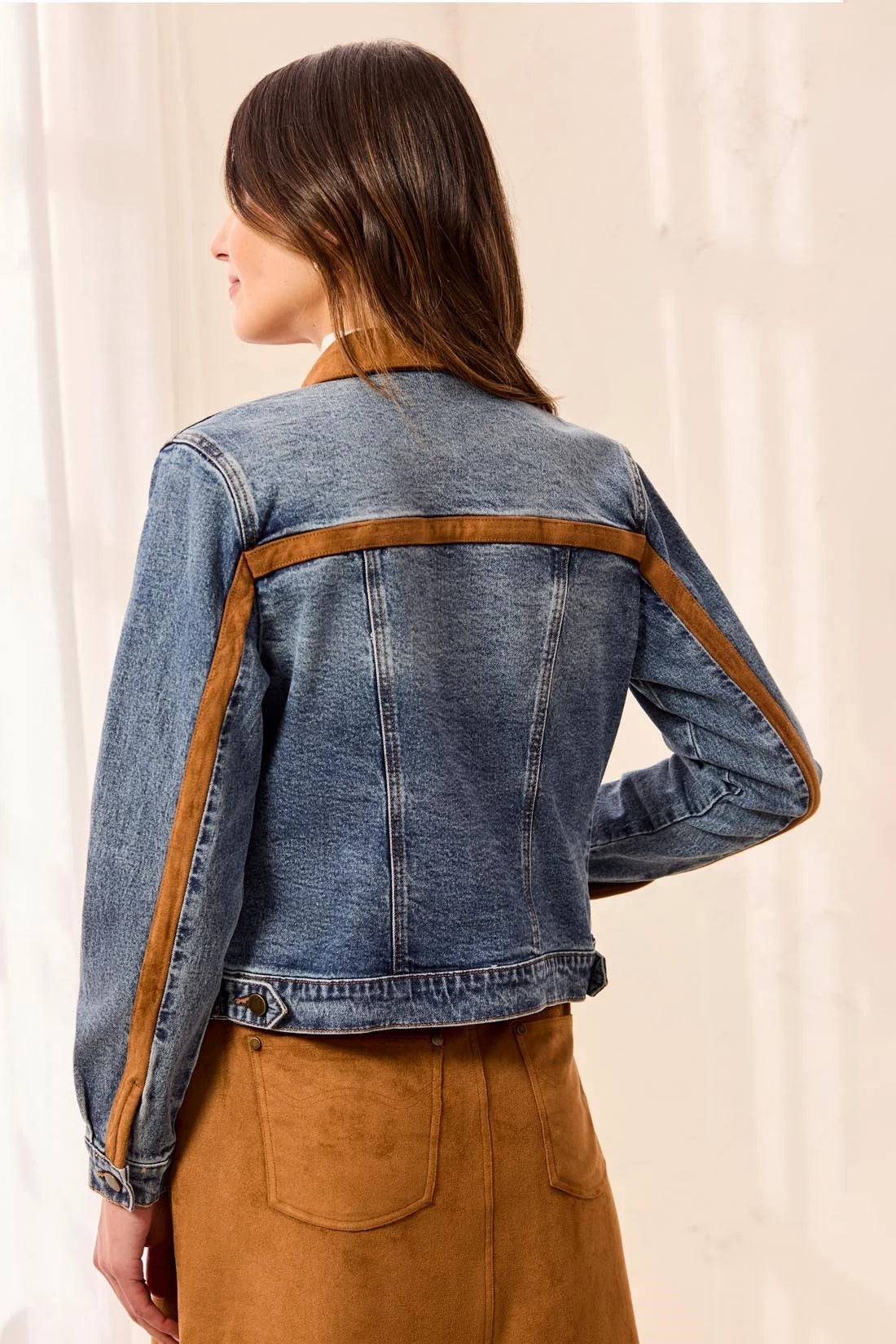 Mixed Media Zip Front Denim Jacket with Suede Trim