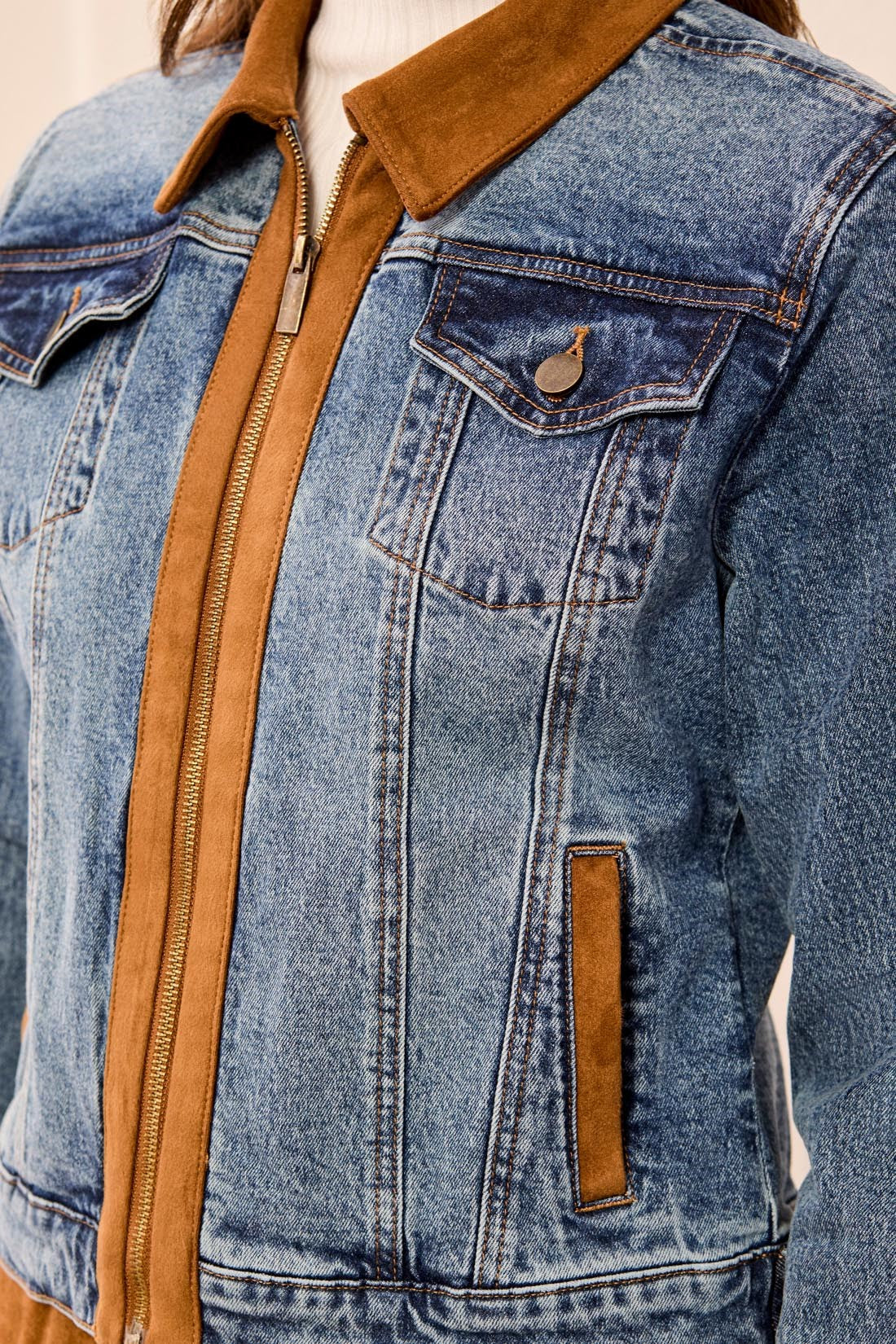 Mixed Media Zip Front Denim Jacket with Suede Trim