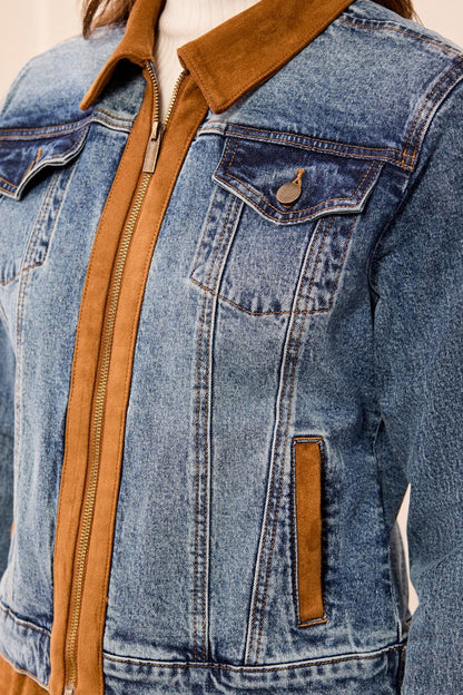 Mixed Media Zip Front Denim Jacket with Suede Trim