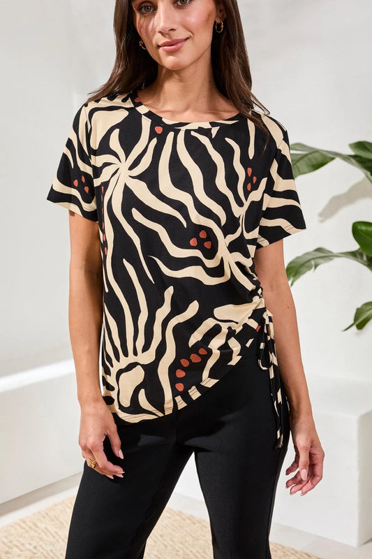 Printed Jersey Crew Neck Top With Side Ruching