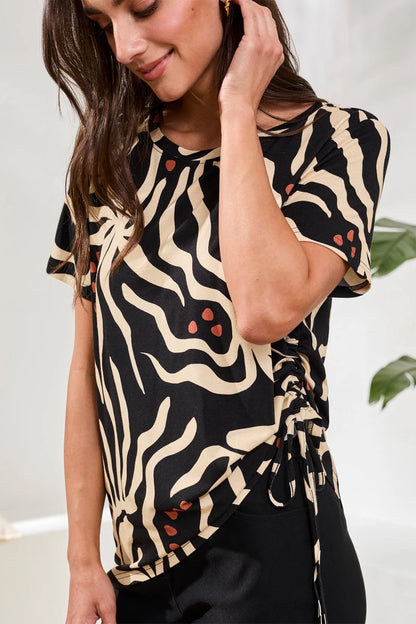 Printed Jersey Crew Neck Top With Side Ruching