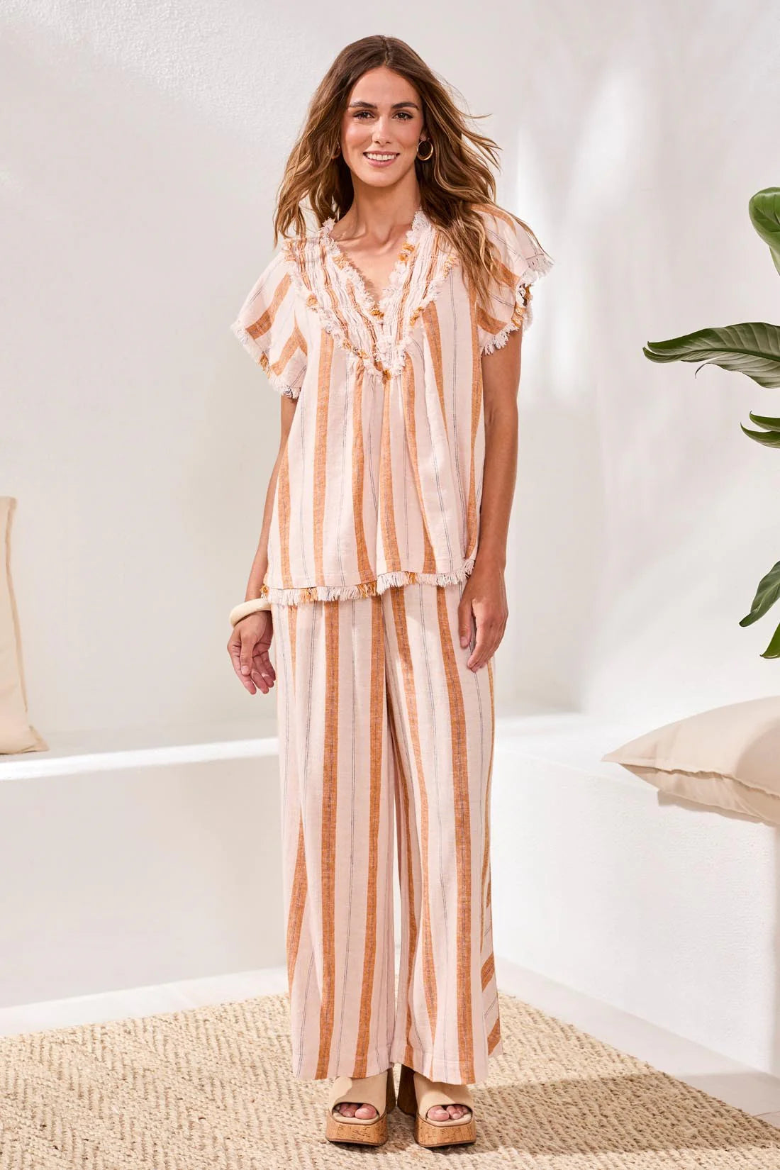 Textured Linen Smocked V-Neck Short-Sleeve Blouse