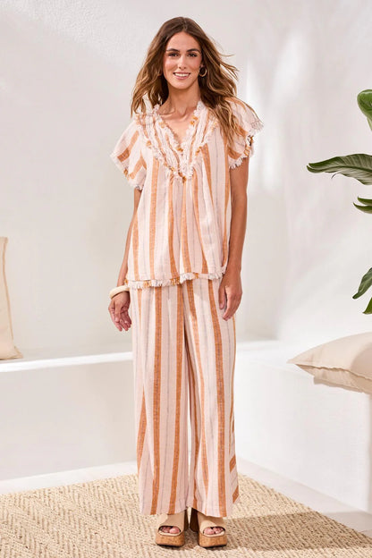 Textured Linen Smocked V-Neck Short-Sleeve Blouse