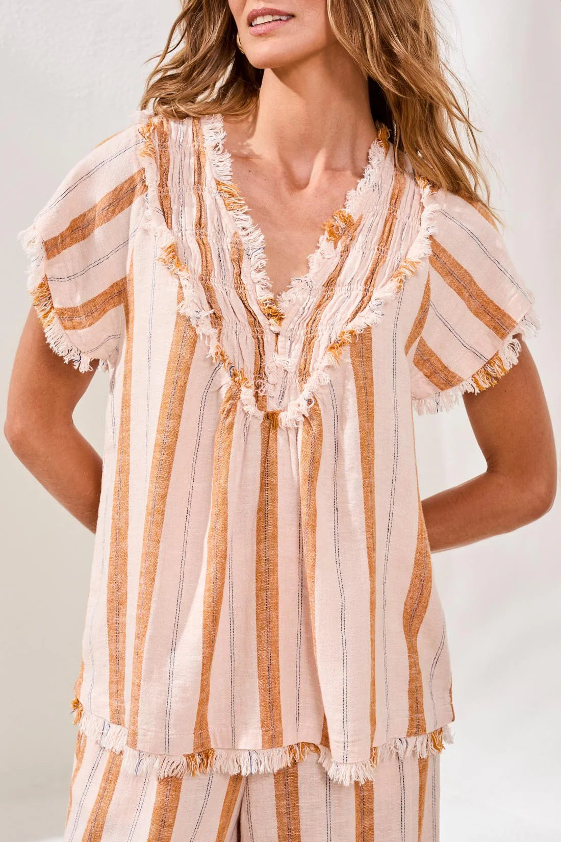 Textured Linen Smocked V-Neck Short-Sleeve Blouse