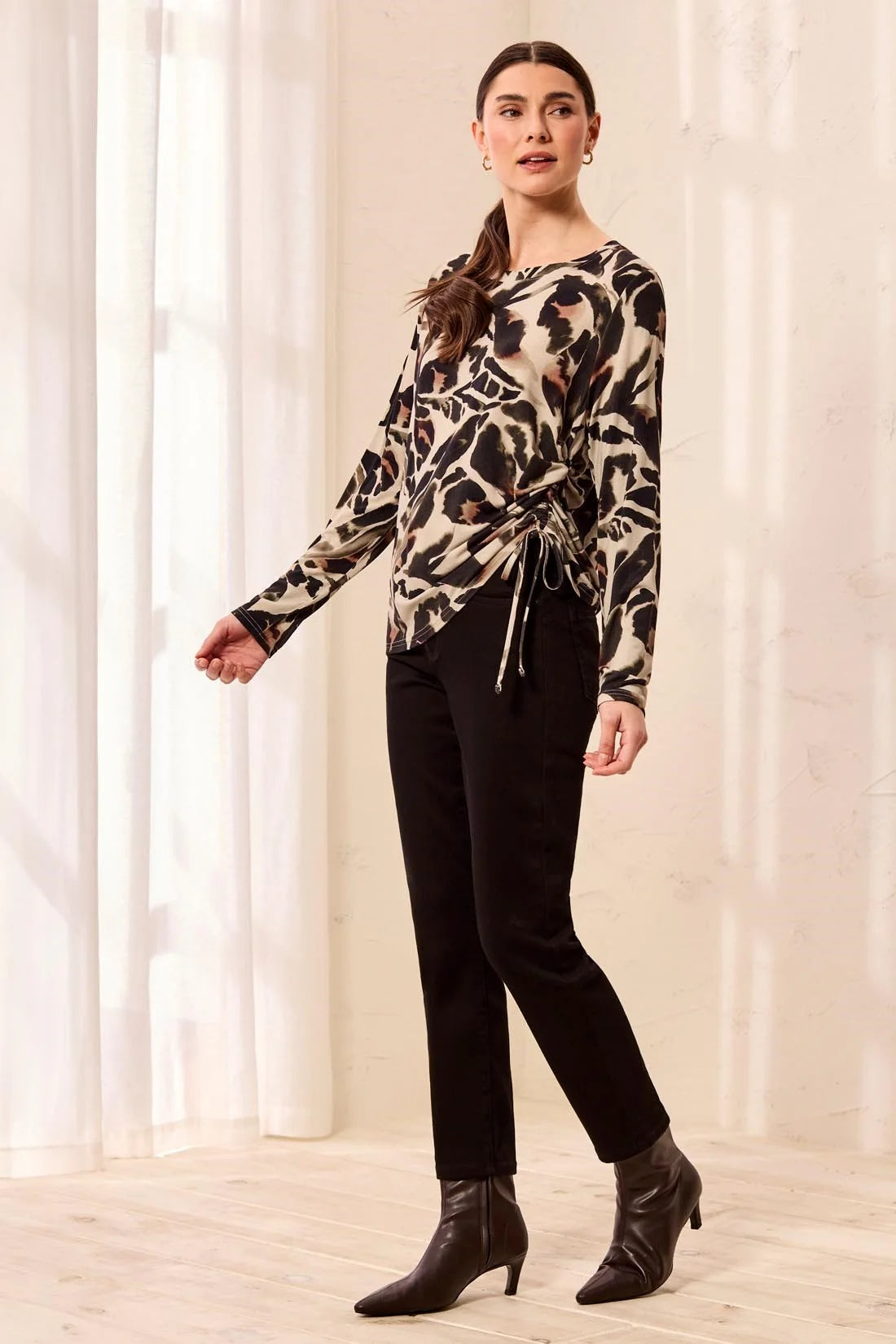 Ultra-Soft Long Sleeve Crew Neck Knit Top with Side Ruching