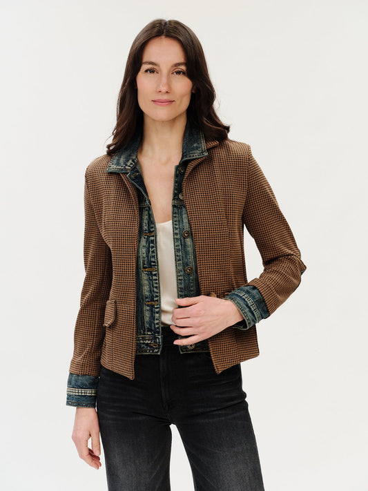 Six / Fifty Mixed Media Denim Jacket | Clarissa - Brown Bedford Check