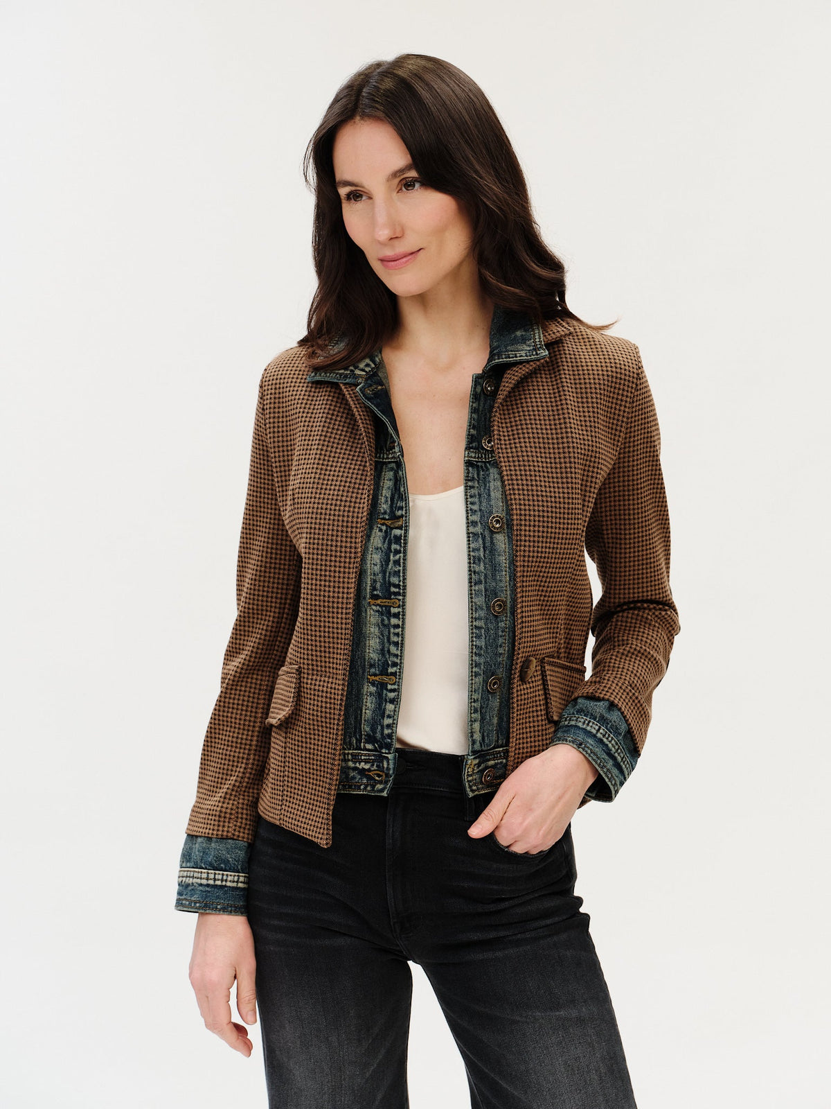 Six / Fifty Mixed Media Denim Jacket | Clarissa - Brown Bedford Check