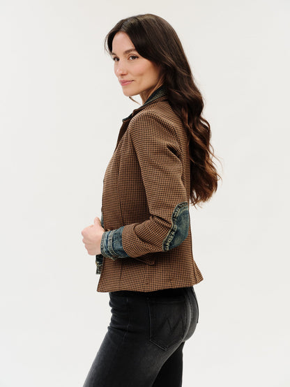 Six / Fifty Mixed Media Denim Jacket | Clarissa - Brown Bedford Check