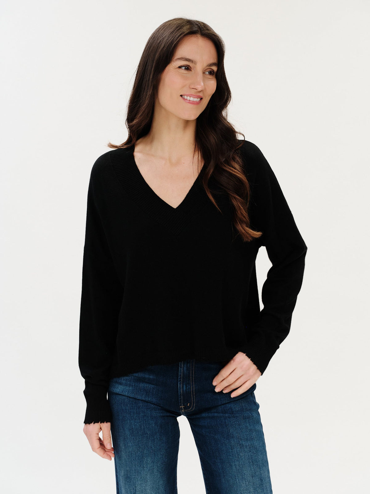 Six / Fifty Geneva | V-Neck Frayed Trim Sweater