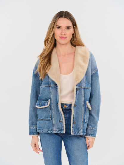 WYNN FAUX SHERPA SHAWL DENIM JACKET