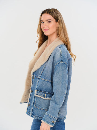 WYNN FAUX SHERPA SHAWL DENIM JACKET