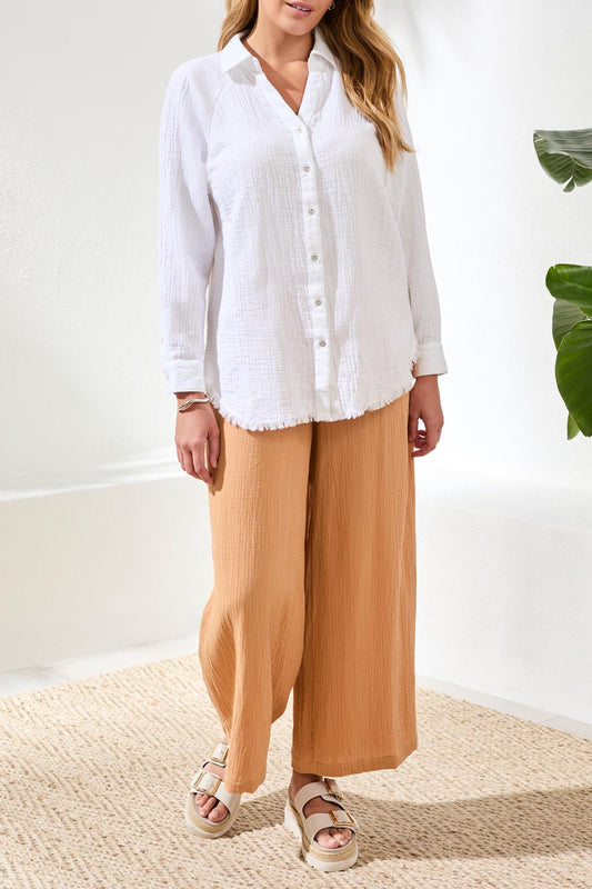 Crinkle Gauze Button-Front Collared Shirt