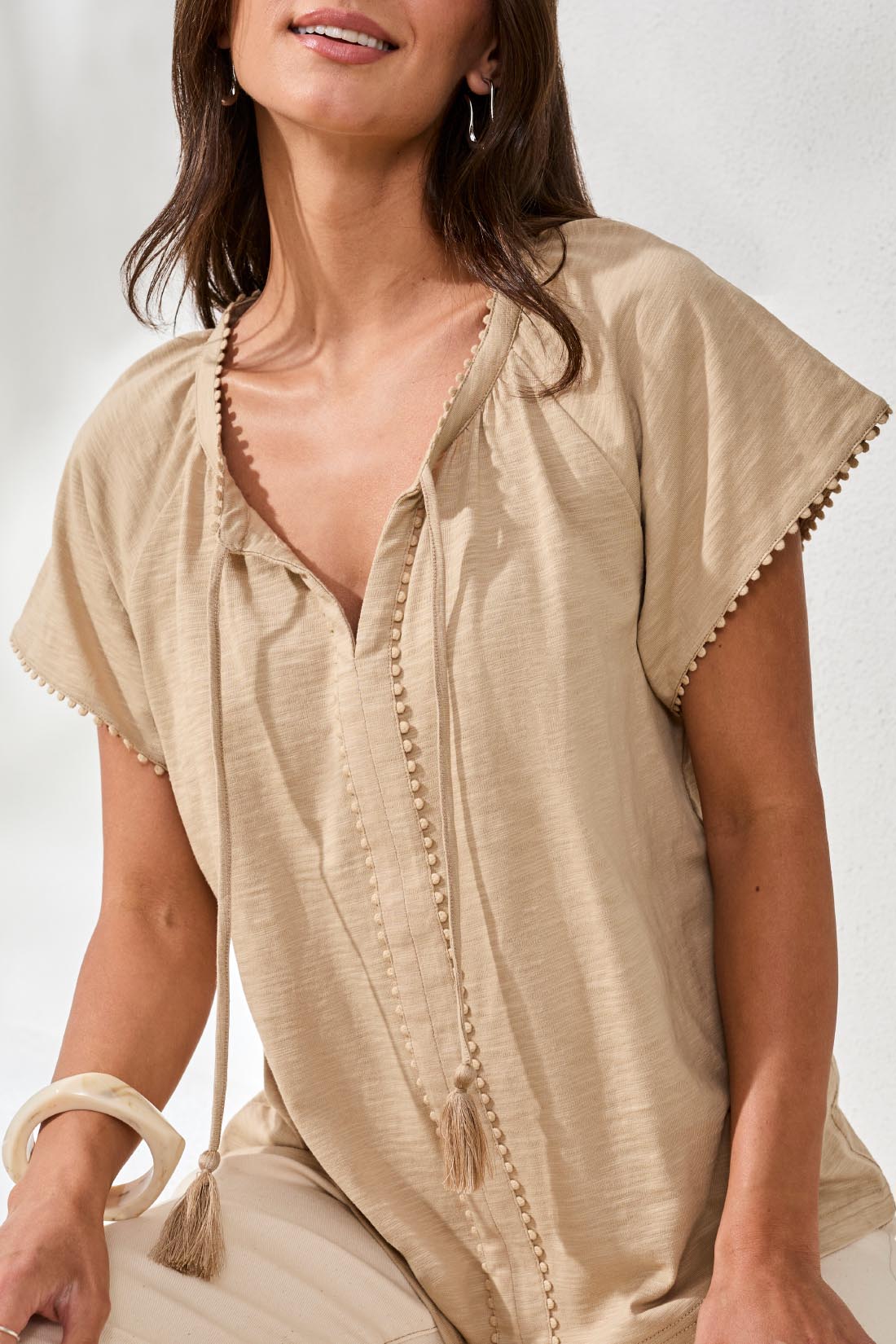Cotton Slub Split Neck Tassel Top- Beach