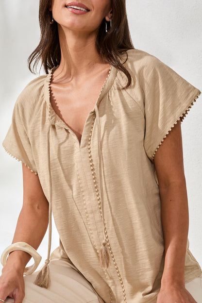 Cotton Slub Split Neck Tassel Top- Beach