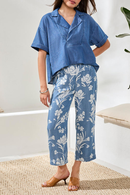 Drape Denim Printed Wide Leg Button At Waist Pants