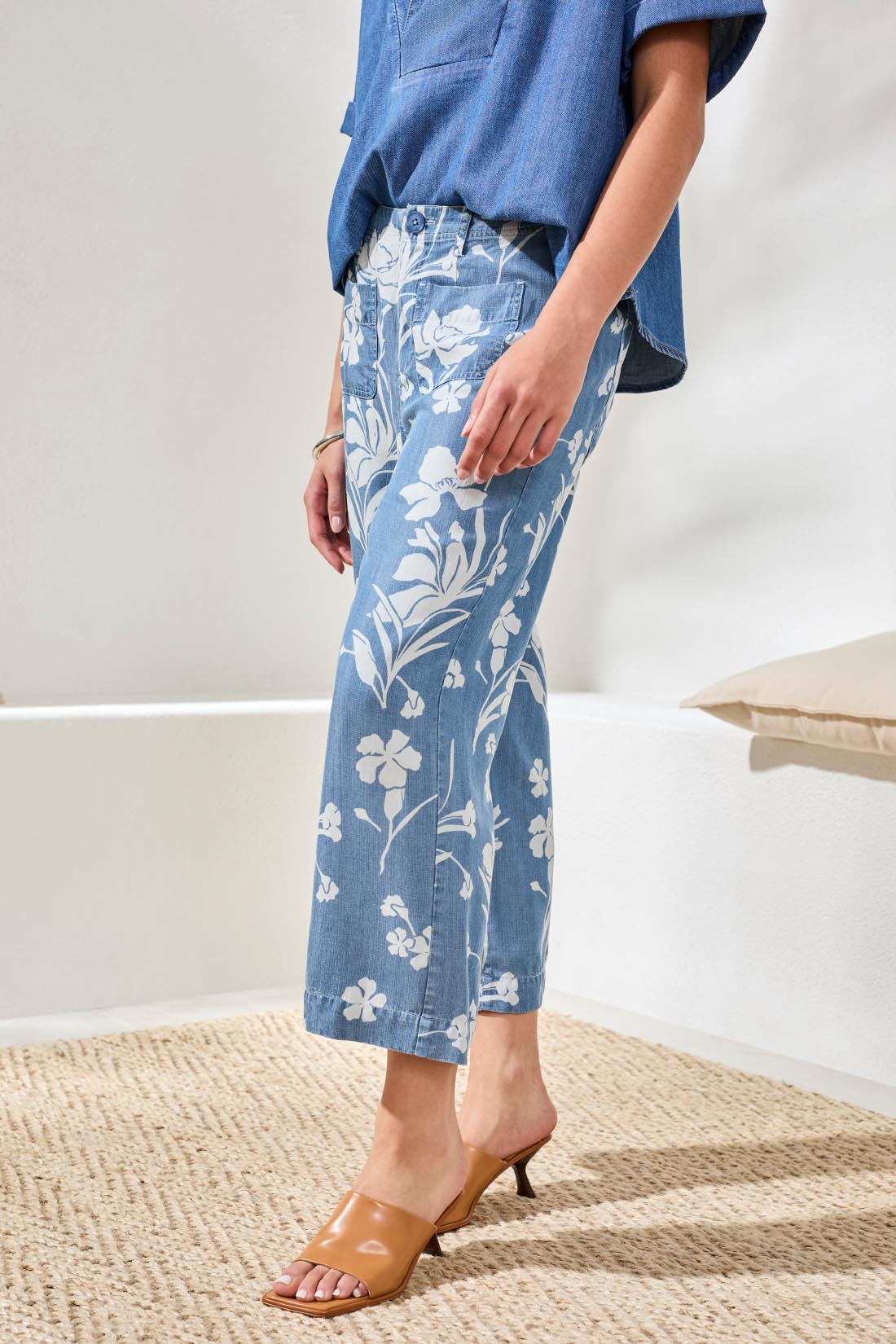 Drape Denim Printed Wide Leg Button At Waist Pants