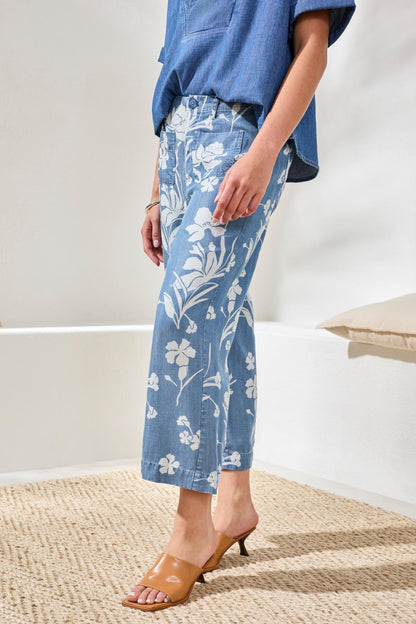 Drape Denim Printed Wide Leg Button At Waist Pants
