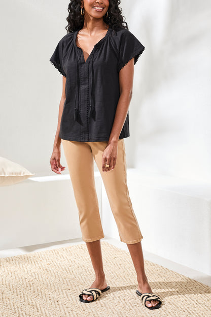 Cotton Slub Split Neck Tassel Top- Black