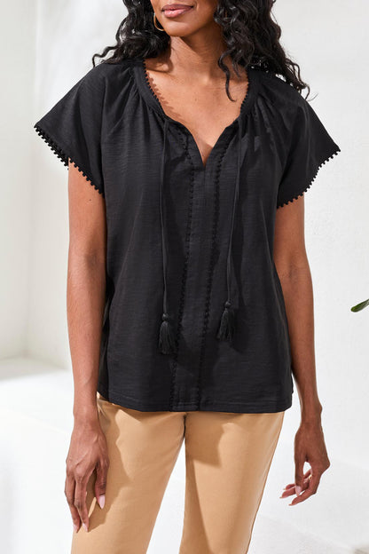 Cotton Slub Split Neck Tassel Top- Black