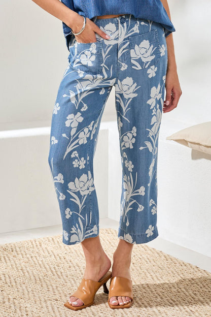 Drape Denim Printed Wide Leg Button At Waist Pants