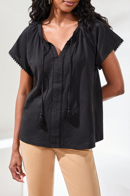 Cotton Slub Split Neck Tassel Top- Black