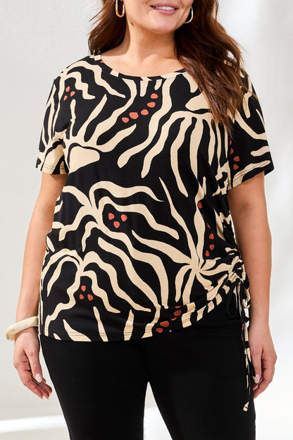Printed Jersey Crew Neck Top With Side Ruching