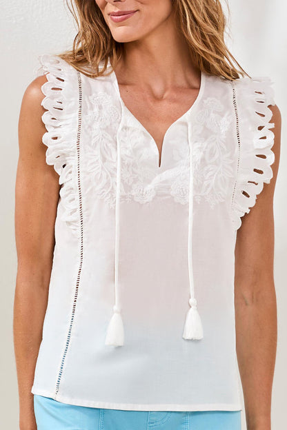 Cap Frill Sleeve Poplin Blouse With Embroidery