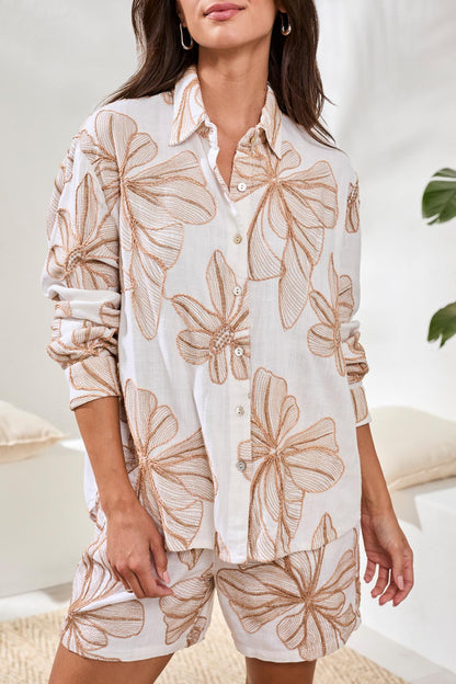 Embroidered Crosshatch Button-Front Blouse
