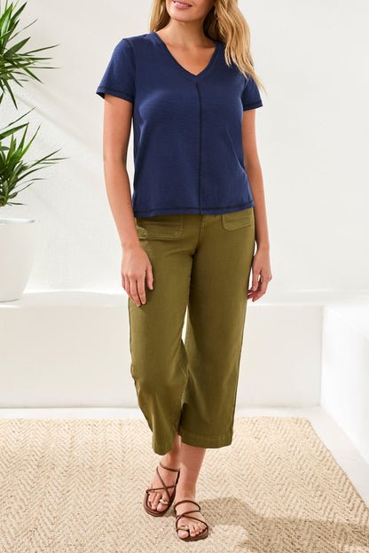Slub Knit V-Neck Top With Double Trim Detail