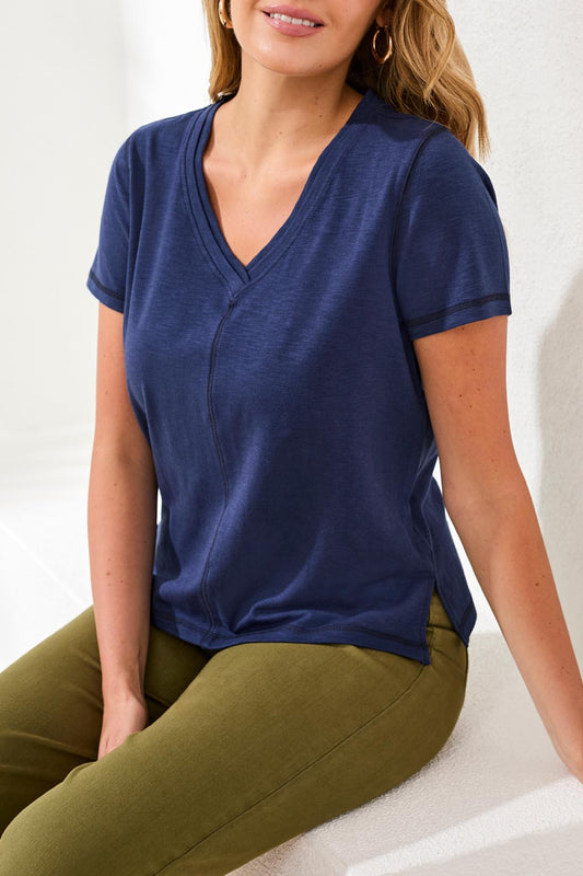 Slub Knit V-Neck Top With Double Trim Detail