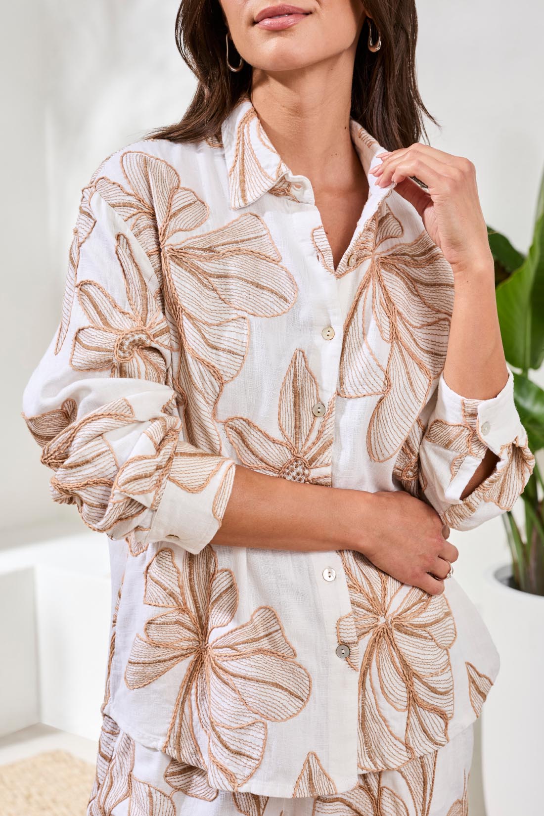 Embroidered Crosshatch Button-Front Blouse
