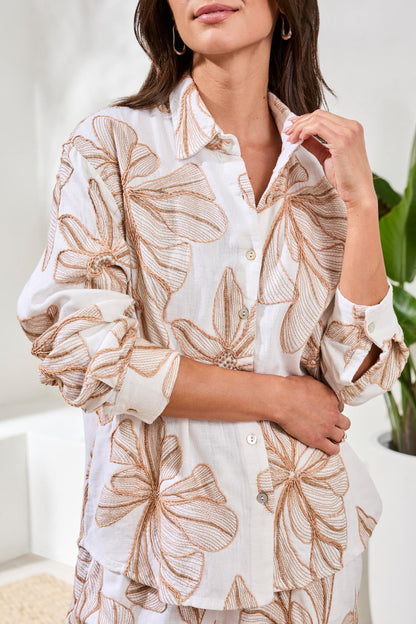 Embroidered Crosshatch Button-Front Blouse
