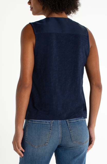 Sleeveless V-neck Woven-to-knit Top