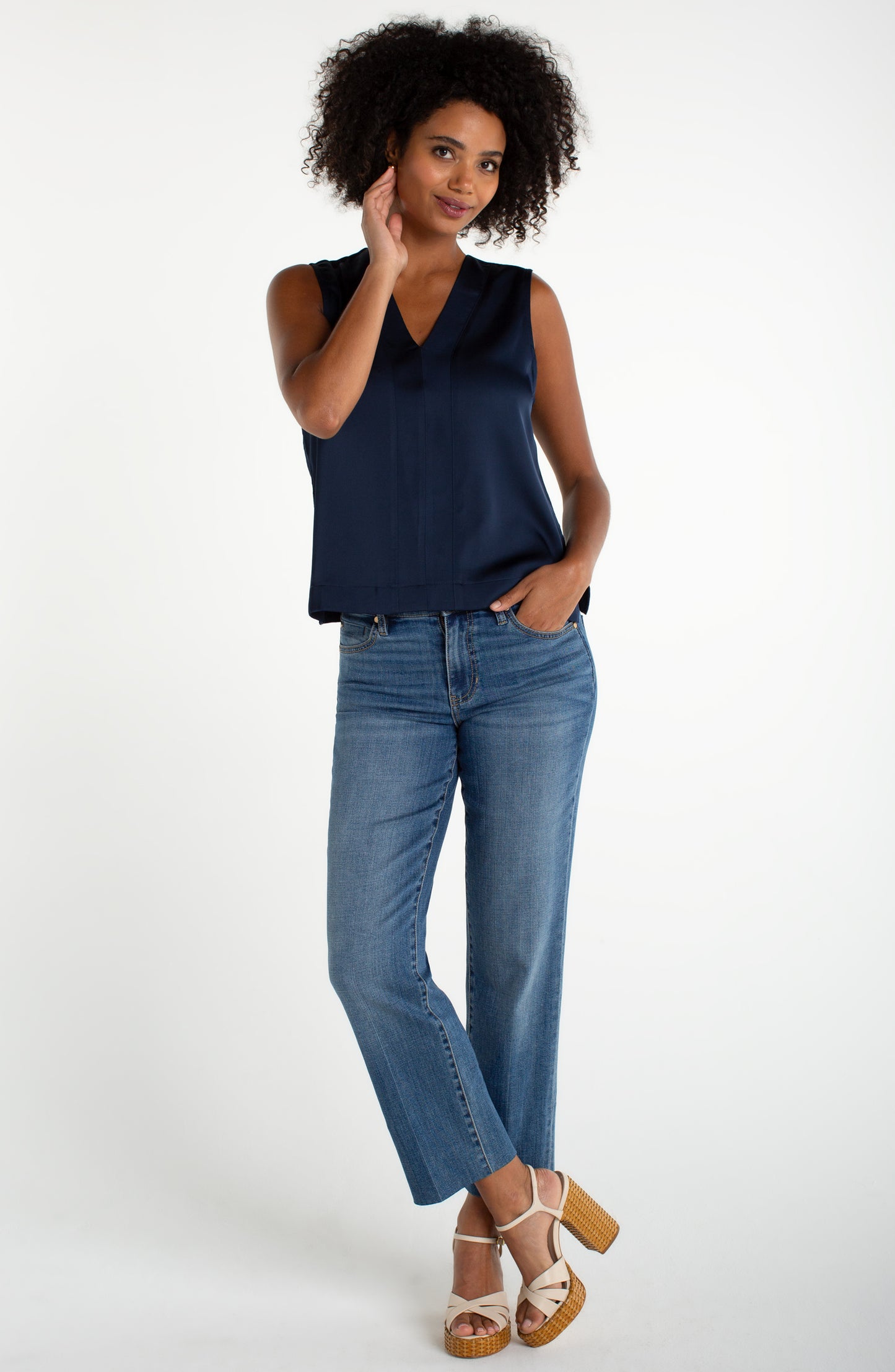 Sleeveless V-neck Woven-to-knit Top